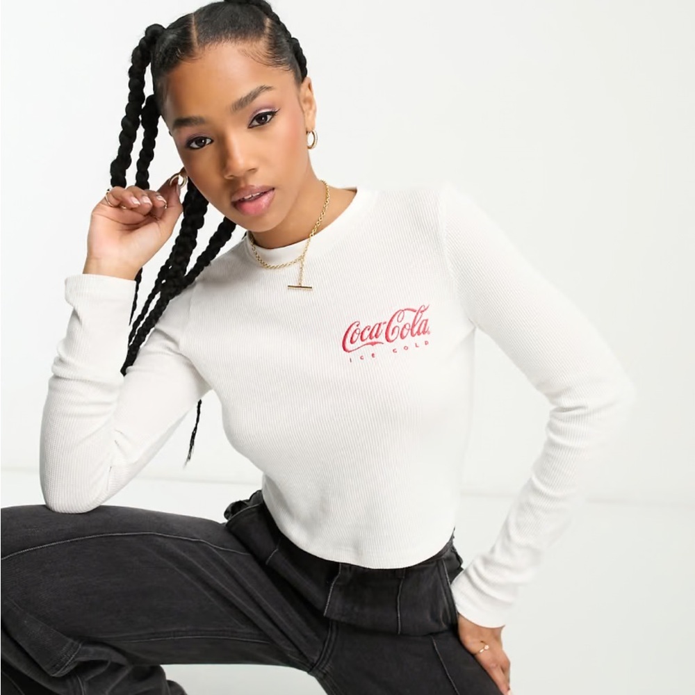 ASOS Design Long Sleeve Waffle Baby Tee W/ Coca Cola Licensed Logo